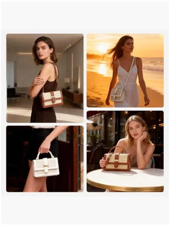 Vegan Leather Patchwork Straw Crossbody Bag with Top Handle - Picture 2 of 5